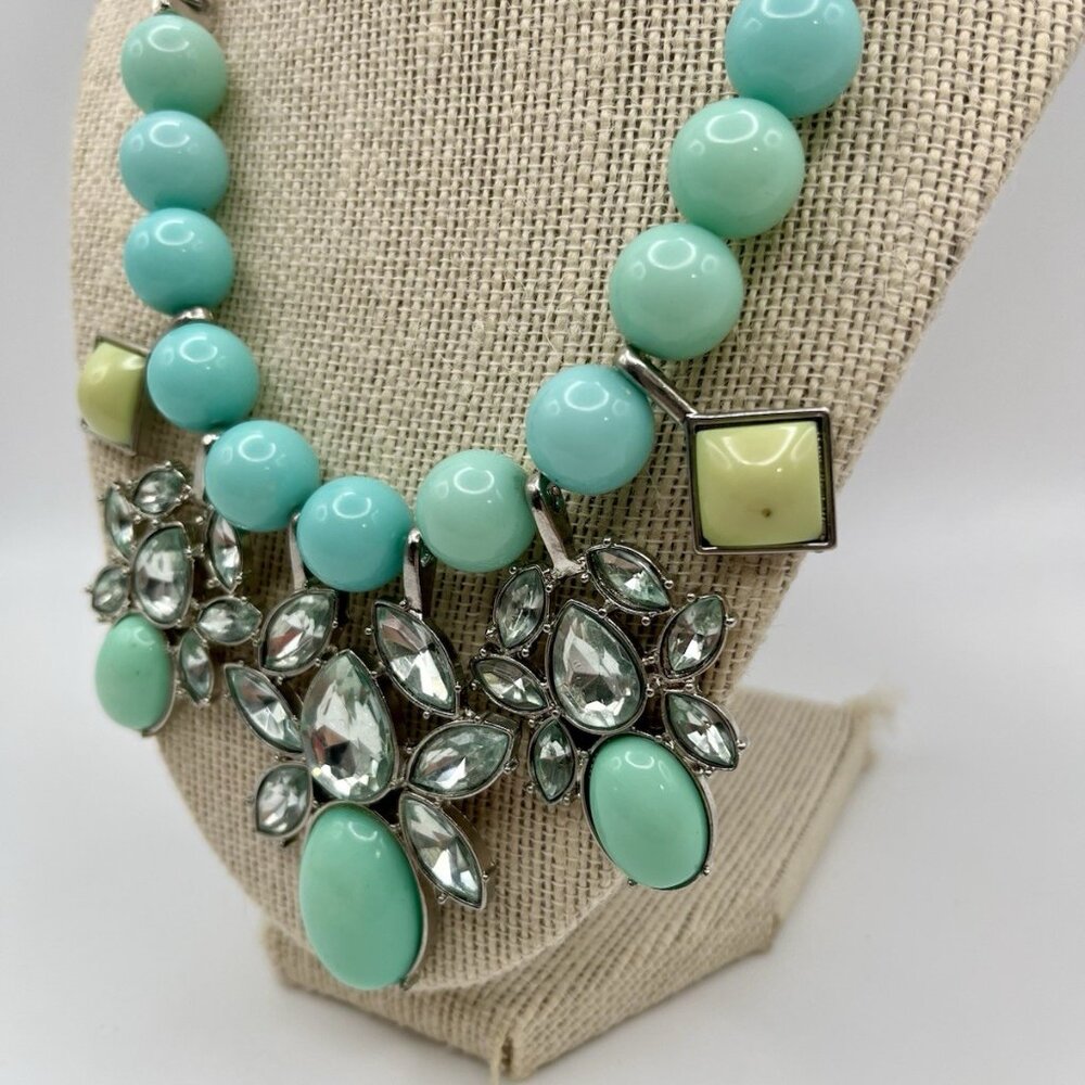 Mint Green Y2K Statement Bib Necklace Crystal Floral Cluster Beads Silver Tone - Picture 3 of 4